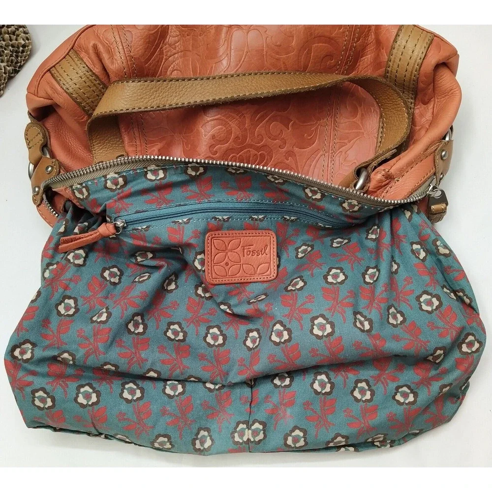 Fossil Orange Leather Floral Double Handles Zipper Closure Satchel Shoulder Bag